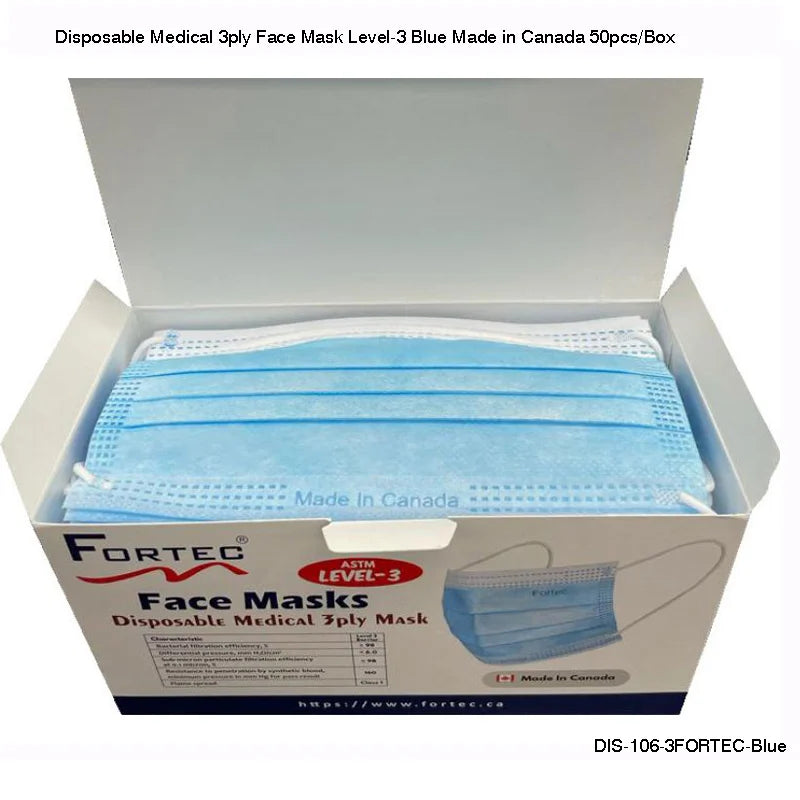 Disposable Medical 3ply Face Mask Level-3 Made in Canada 50pcs/Box - Fortec