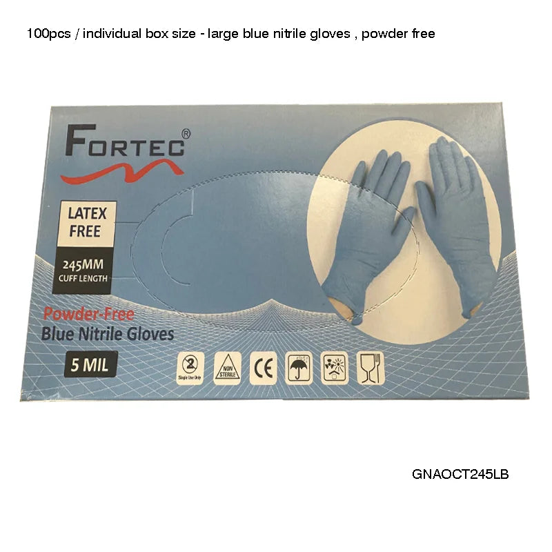 100pcs Large Blue 5 Mil Nitrile Gloves - Powder-Free - Fortec 