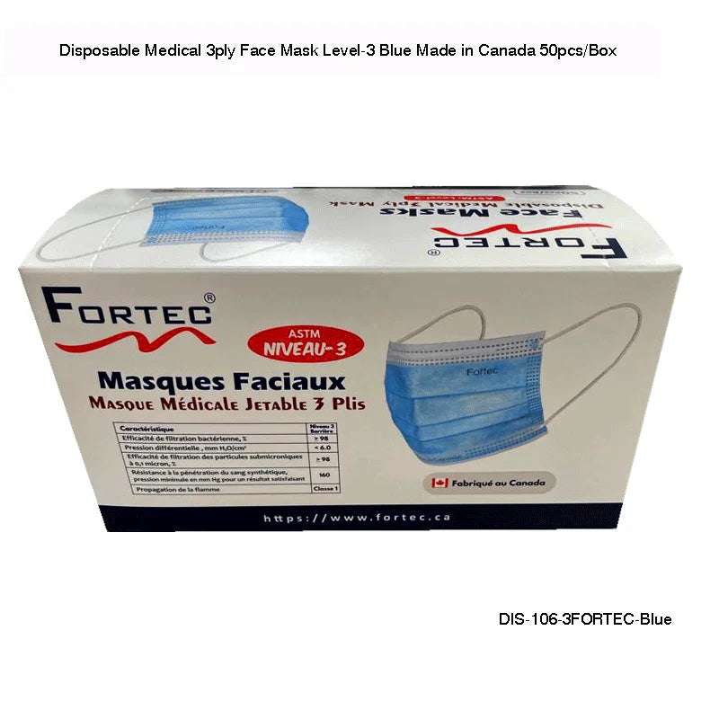 Disposable Medical 3ply Face Mask Level-3 Made in Canada 50pcs/Box - Fortec 