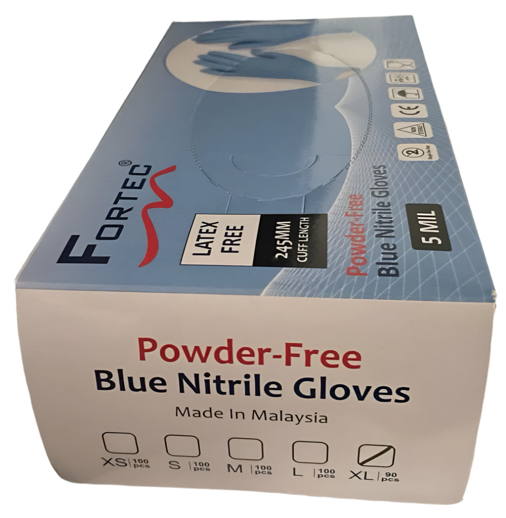 90pcs Extra Large Blue Nitrile Gloves - Powder-Free - Fortec 